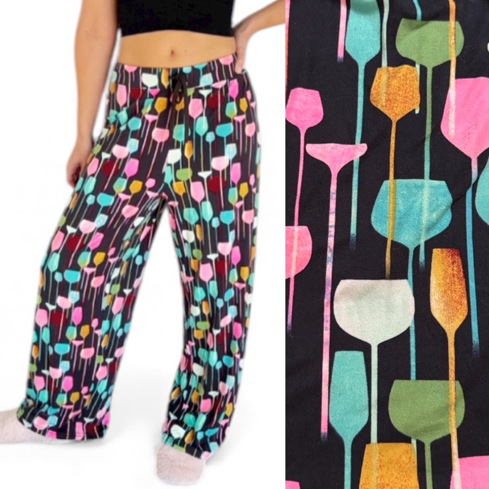 Amanda Blu black colorful wine glass print wide leg stretch pajama pants size XL